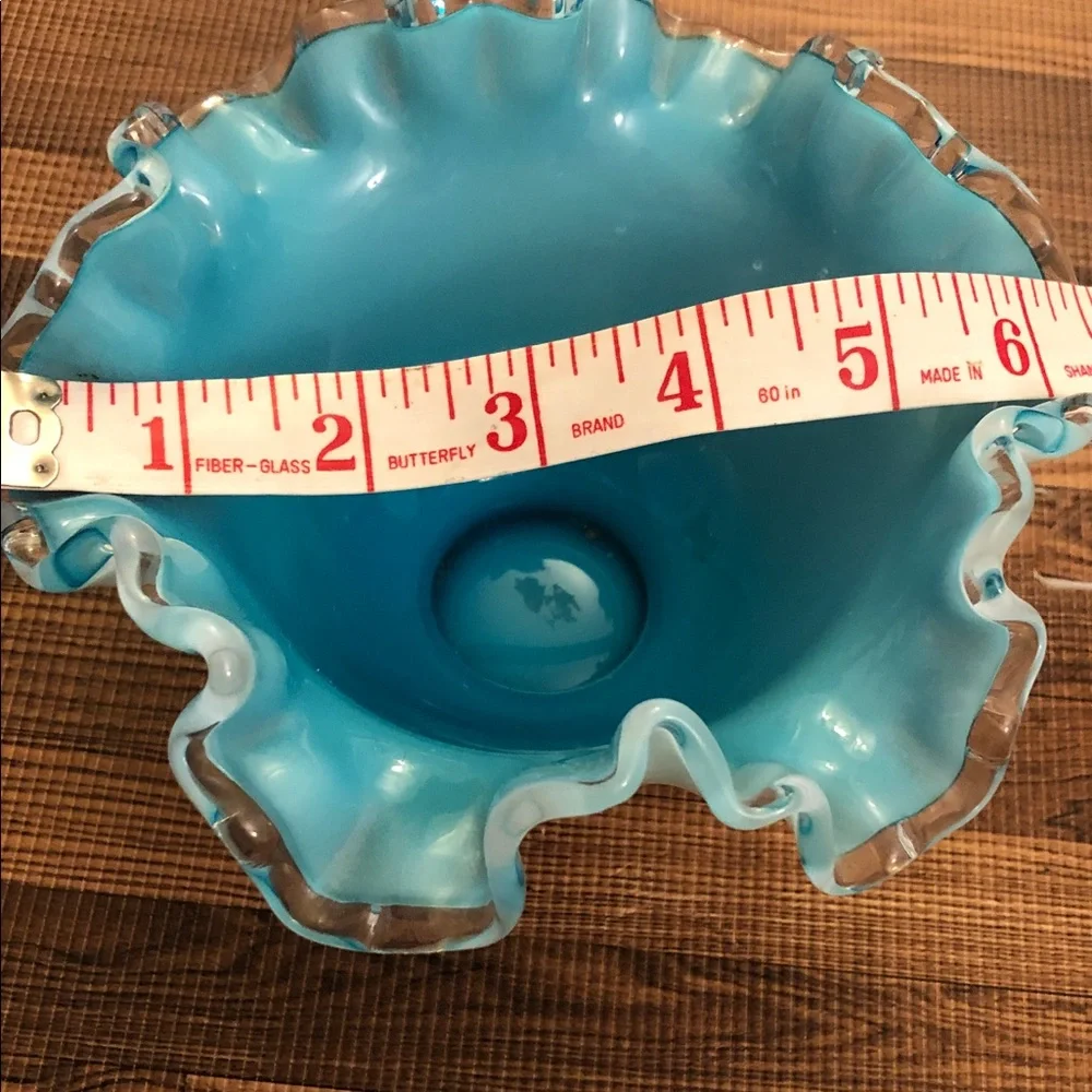 Source Unknown Aqua and White Ruffled Glass Vase